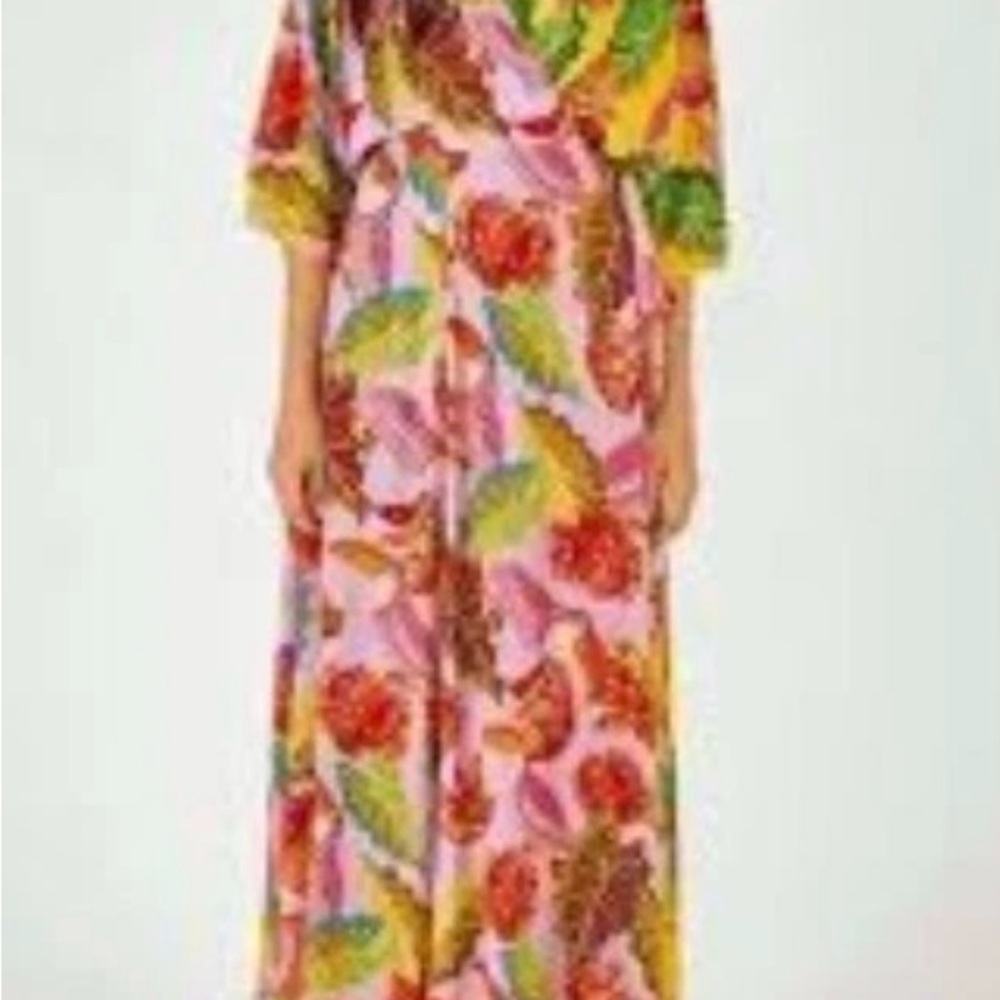 FARM Rio Pink Yellow Tropical Print Midi Wrap Dress - Picture 7 of 8